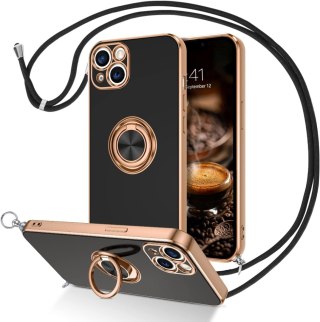 ETUI APPLE IPHONE 14/ 13 CZARNE ZŁOTA RAMKA RING +SMYCZ WYTRZYMAŁE OCHRONNE