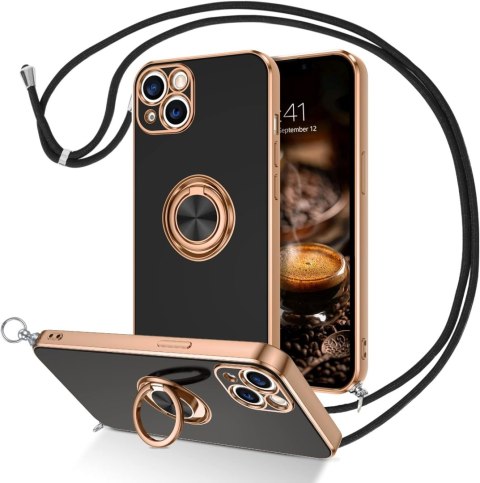 ETUI APPLE IPHONE 14/ 13 CZARNE ZŁOTA RAMKA RING +SMYCZ WYTRZYMAŁE OCHRONNE
