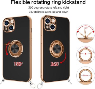 ETUI APPLE IPHONE 14/ 13 CZARNE ZŁOTA RAMKA RING +SMYCZ WYTRZYMAŁE OCHRONNE