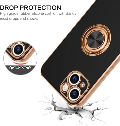 ETUI APPLE IPHONE 14/ 13 CZARNE ZŁOTA RAMKA RING +SMYCZ WYTRZYMAŁE OCHRONNE