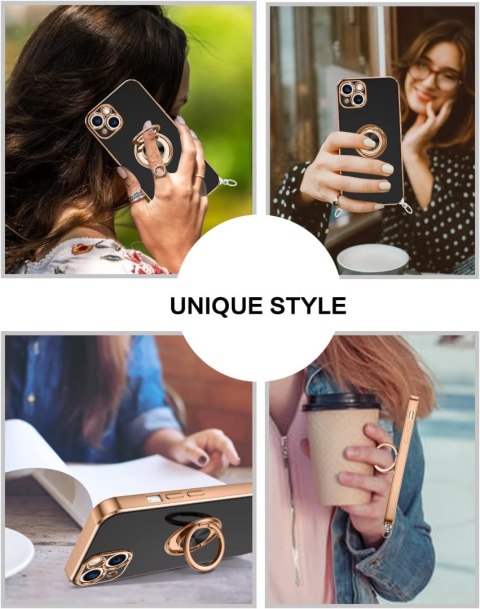 ETUI APPLE IPHONE 14/ 13 CZARNE ZŁOTA RAMKA RING +SMYCZ WYTRZYMAŁE OCHRONNE
