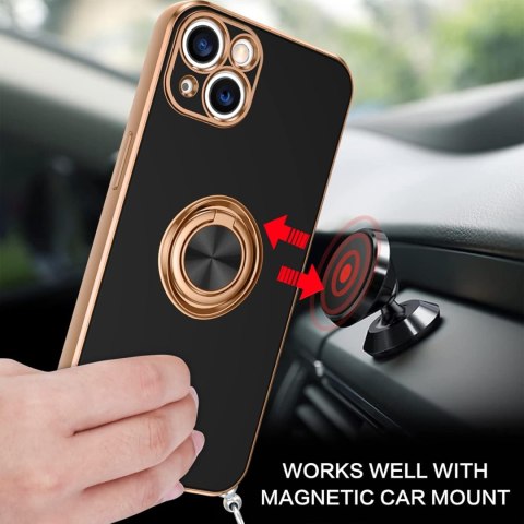 ETUI APPLE IPHONE 14/ 13 CZARNE ZŁOTA RAMKA RING +SMYCZ WYTRZYMAŁE OCHRONNE