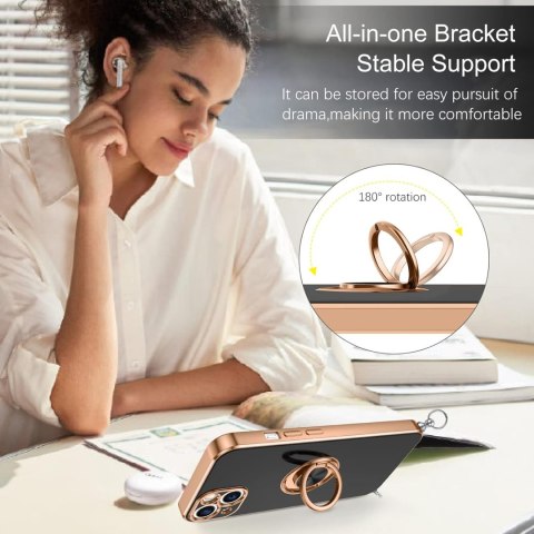 ETUI APPLE IPHONE 14/ 13 CZARNE ZŁOTA RAMKA RING +SMYCZ WYTRZYMAŁE OCHRONNE