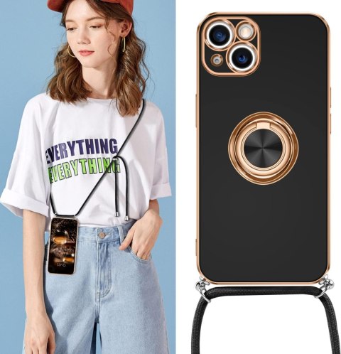 ETUI APPLE IPHONE 14/ 13 CZARNE ZŁOTA RAMKA RING +SMYCZ WYTRZYMAŁE OCHRONNE