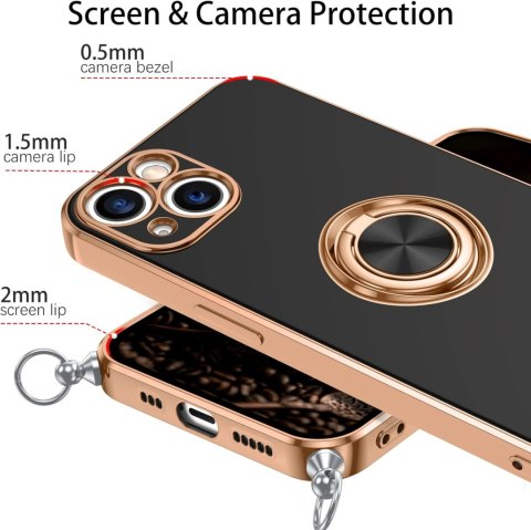 ETUI APPLE IPHONE 14/ 13 CZARNE ZŁOTA RAMKA RING +SMYCZ WYTRZYMAŁE OCHRONNE