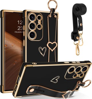 ETUI SAMSUNG GALAXY S23 ULTRA 5G CZARNE ZŁOTE SERDUSZKO Z UCHWYTEM +SMYCZ