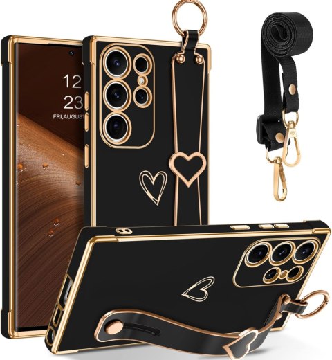 ETUI SAMSUNG GALAXY S23 ULTRA 5G CZARNE ZŁOTE SERDUSZKO Z UCHWYTEM +SMYCZ