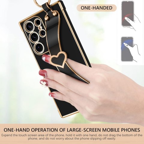 ETUI SAMSUNG GALAXY S23 ULTRA 5G CZARNE ZŁOTE SERDUSZKO Z UCHWYTEM +SMYCZ