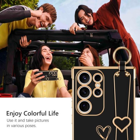 ETUI SAMSUNG GALAXY S23 ULTRA 5G CZARNE ZŁOTE SERDUSZKO Z UCHWYTEM +SMYCZ