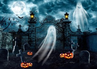 TŁO WINYLOWE FOTOGRAFICZNE 2,4x1,8m HALLOWEEN CMENTARZ DYNIE DUCHY