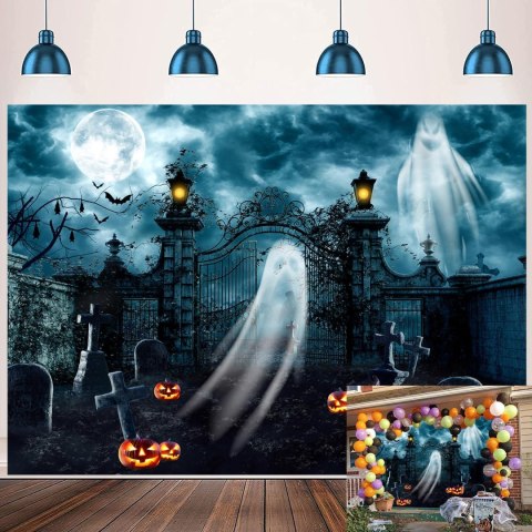 TŁO WINYLOWE FOTOGRAFICZNE 2,4x1,8m HALLOWEEN CMENTARZ DYNIE DUCHY TŁO WINYLOWE FOTOGRAFICZNE 2,4x1,8m HALLOWEEN CMENTARZ DYNIE DUCHY