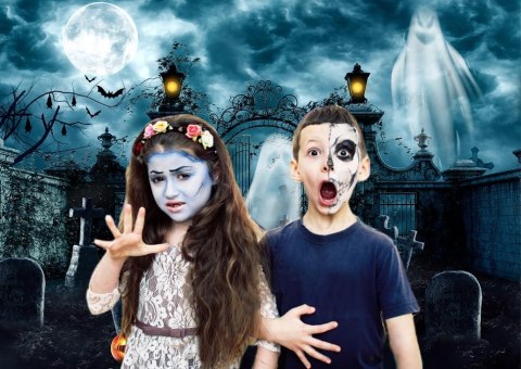 TŁO WINYLOWE FOTOGRAFICZNE 2,4x1,8m HALLOWEEN CMENTARZ DYNIE DUCHY TŁO WINYLOWE FOTOGRAFICZNE 2,4x1,8m HALLOWEEN CMENTARZ DYNIE DUCHY