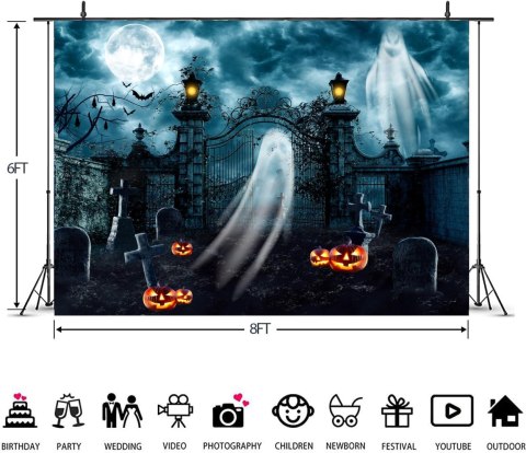 TŁO WINYLOWE FOTOGRAFICZNE 2,4x1,8m HALLOWEEN CMENTARZ DYNIE DUCHY TŁO WINYLOWE FOTOGRAFICZNE 2,4x1,8m HALLOWEEN CMENTARZ DYNIE DUCHY