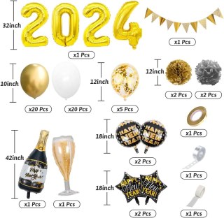 ZESTAW BALONÓW NOWY ROK SYLWESTER ZŁOTY CZARNY BIAŁY GIRLANDA ROZETY