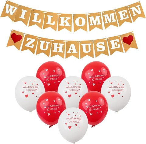 ZESTAW POWITALNY BALONY WILLKOMMEN ZU HAUSE GIRLANDA BIAŁO CZERWONY SZNUREK