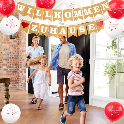 ZESTAW POWITALNY BALONY WILLKOMMEN ZU HAUSE GIRLANDA BIAŁO CZERWONY SZNUREK