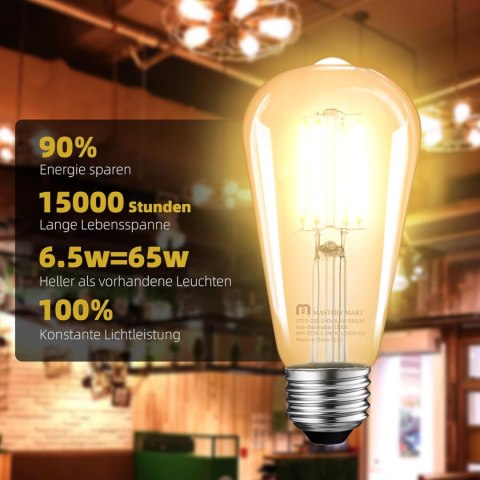 3x ŻARÓWKA E27 ST64 6,5W=40W EDISON VINTAGE 2500K 650lm CIEPŁA BIEL