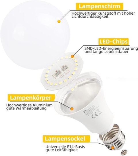 6x ŻARÓWKA LED E14 G45 MLECZNA 4,9W=40W 2700K 470lm CIEPŁA BIEL KULKA