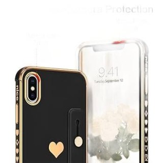 ETUI DO APPLE IPHONE X/XS CASE CZARNE PLECKI ZŁOTE SERDUSZKO RAMKA +UCHWYT