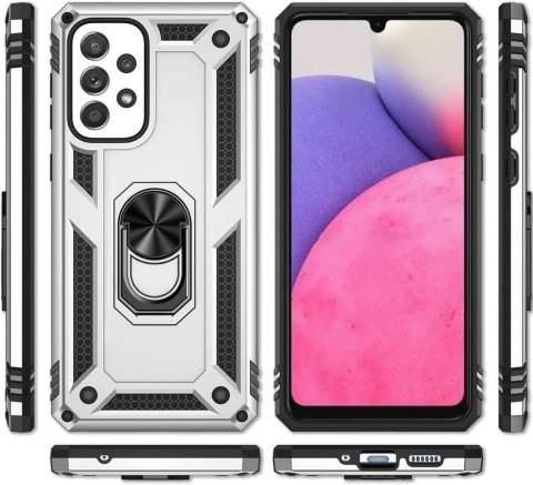 ETUI OCHRONNE SAMSUNG GALAXY A53 SREBRNE PIERŚCIEŃ CZARNE ELEMENTY SOLIDNE