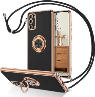 ETUI POKROWIEC SAMSUNG GALAXY S20 CZARNE ZŁOTE PLECKI Z PIERŚCIENIEM +SMYCZ
