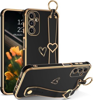 ETUI SAMSUNG GALAXY A14 5G SILIKONOWE CZARNE ZŁOTA RAMKA SERCE UCHWYT