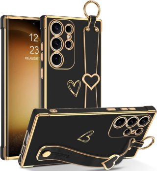 ETUI SILIKONOWE SAMSUNG GALAXY S23 ULTRA CZARNE ZŁOTA RAMKA SERUSZKO UCHWYT