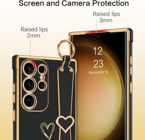 ETUI SILIKONOWE SAMSUNG GALAXY S23 ULTRA CZARNE ZŁOTA RAMKA SERUSZKO UCHWYT