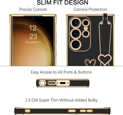 ETUI SILIKONOWE SAMSUNG GALAXY S23 ULTRA CZARNE ZŁOTA RAMKA SERUSZKO UCHWYT