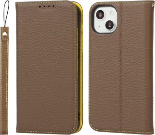 ETUI Z KLAPKĄ APPLE IPHONE 13 CASE BRĄZOWY KHAKI ŻÓŁTY ŚRODEK EKOSKÓRA