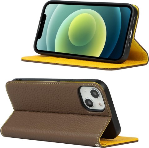 ETUI Z KLAPKĄ APPLE IPHONE 13 CASE BRĄZOWY KHAKI ŻÓŁTY ŚRODEK EKOSKÓRA ETUI Z KLAPKĄ APPLE IPHONE 13 CASE BRĄZOWY KHAKI ŻÓŁTY ŚRODEK EKOSKÓRA