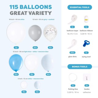 GIRLANDA BALONOWA BIAŁY NIEBIESKI 115 BALONÓW NA PRZYJĘCIE URODZINY WESELE