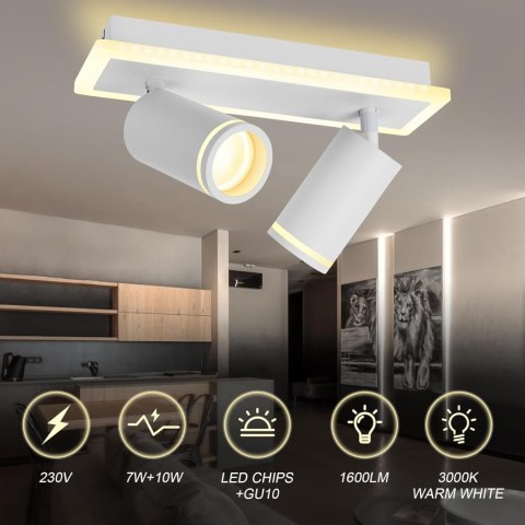 LAMPA SUFITOWA KINKIET PODWÓJNY SPOT RUCHOMY REFLEKTOR BIAŁA GU10 + 2xLED LAMPA SUFITOWA KINKIET PODWÓJNY SPOT RUCHOMY REFLEKTOR BIAŁA GU10 + 2xLED