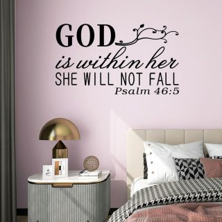 NAKLEJKA ŚCIENNA CYTAT BIBLIA "GOD IS WITHIN HER SHE WILL NOT FALL" CZARNA