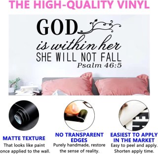 NAKLEJKA ŚCIENNA CYTAT BIBLIA "GOD IS WITHIN HER SHE WILL NOT FALL" CZARNA