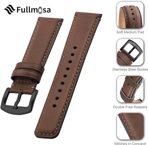 PASEK SKÓRZANY DO ZEGARKA SMARTWATCH BRĄZOWY UNIWERSALNY 22MM FULLMOSA