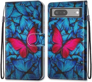 ZAMYKANE ETUI Z KLAPKĄ DO GOOGLE PIXEL 7 NIEBIESKIE RÓŻOWY MOTYL SOLIDNE