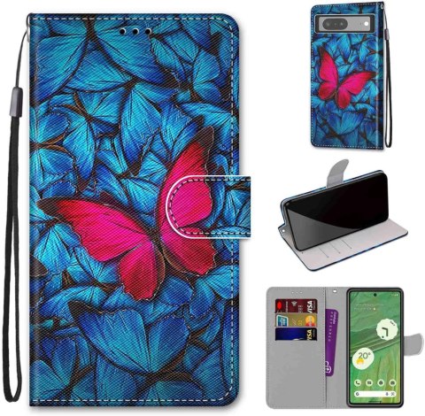 ZAMYKANE ETUI Z KLAPKĄ DO GOOGLE PIXEL 7 NIEBIESKIE RÓŻOWY MOTYL SOLIDNE