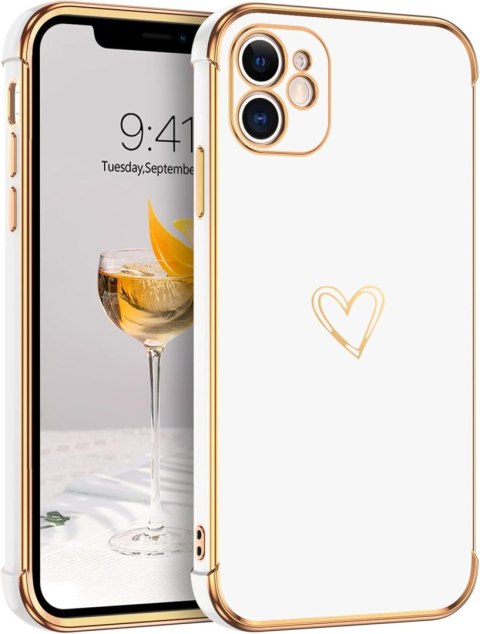 ETUI APPLE IPHONE 11 SILIKONOWE BIAŁE +ZŁOTE DODATKI SERDUSZKO A2111
