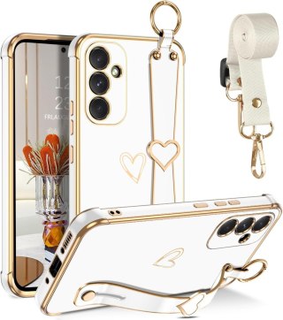 ETUI SAMSUNG GALAXY A54 SILIKONOWE BIAŁE ZŁOTE SERDUSZKO +UCHWYT I SMYCZ