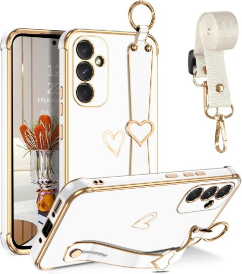 ETUI SAMSUNG GALAXY A54 SILIKONOWE BIAŁE ZŁOTE SERDUSZKO +UCHWYT I SMYCZ