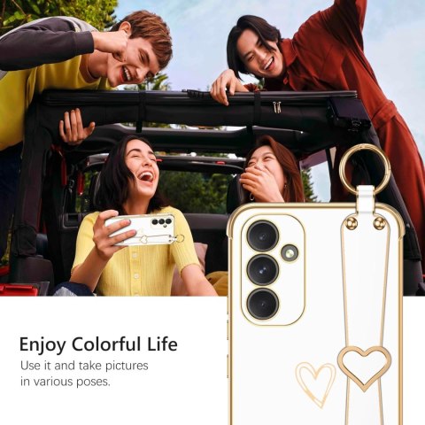 ETUI SAMSUNG GALAXY A54 SILIKONOWE BIAŁE ZŁOTE SERDUSZKO +UCHWYT I SMYCZ