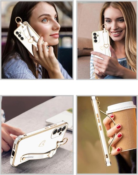 ETUI SAMSUNG GALAXY A54 SILIKONOWE BIAŁE ZŁOTE SERDUSZKO +UCHWYT I SMYCZ
