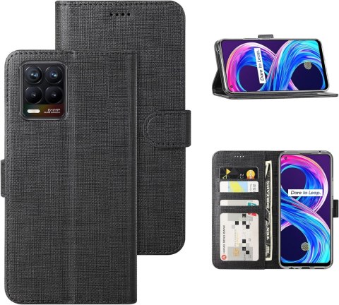ETUI REALME 8 PRO CZARNE MIEJSCE NA KARTY ZAMYKANE Z KLAPKĄ OCHRONNE