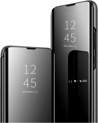 ETUI SAMSUNG GALAXY A12 CZARNE ZAMYKANE Z KLAPKĄ LUSTRZANE SZYBKA SOLIDNE