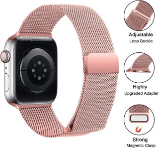 PASEK DO ZEGARKA APPLE WATCH 1/2/3/4/5/6/7/8/9/SE 38/40/41mm RÓŻOWA STAL