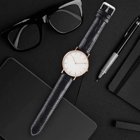 PASEK DO ZEGARKA CZARNY SKÓRA UNIWERSALNY SREBRNA KLAMRA 22mm PASEK DO ZEGARKA CZARNY SKÓRA UNIWERSALNY SREBRNA KLAMRA 22mm