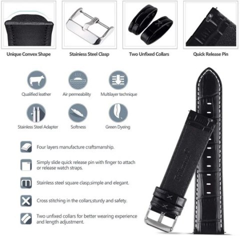PASEK DO ZEGARKA CZARNY SKÓRA UNIWERSALNY SREBRNA KLAMRA 22mm PASEK DO ZEGARKA CZARNY SKÓRA UNIWERSALNY SREBRNA KLAMRA 22mm