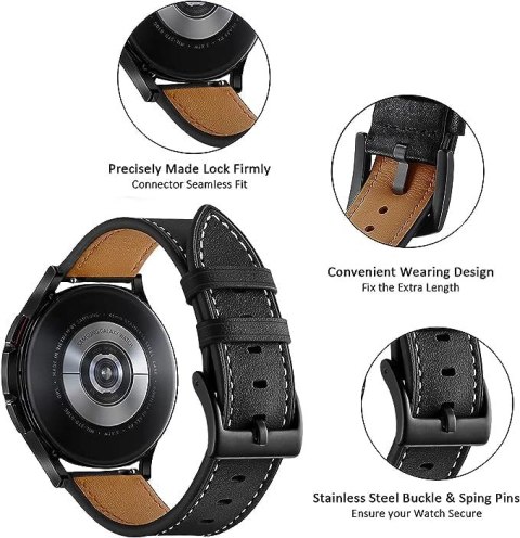 PASEK DO ZEGARKA CZARNY SKÓRZANY UNIWERSALNY ELEGANCKI 20mm