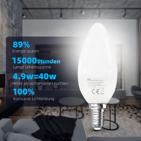ŻARÓWKI ŚWIECZKOWE LED E14 ŚWIATŁO DZIENNE 4,9W 5000K 470LM 10szt